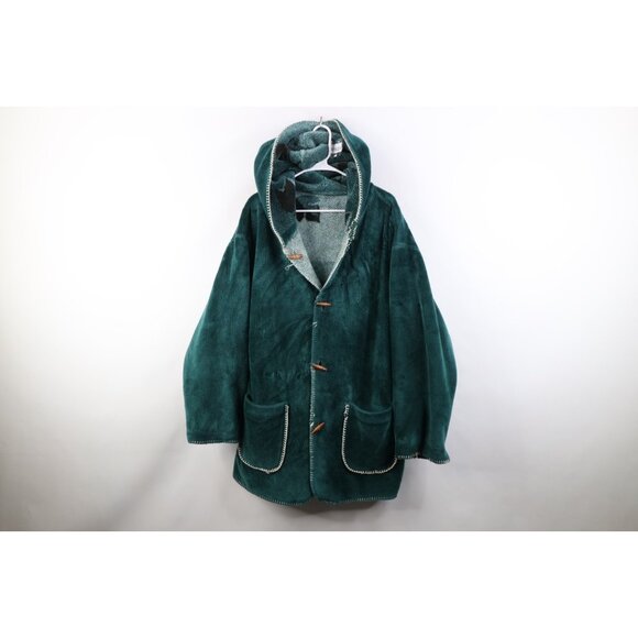 Vtg 90s Womens XL Distressed Reversible Leaf Acorn All Over Print Fleece Jacket - Picture 13 of 16